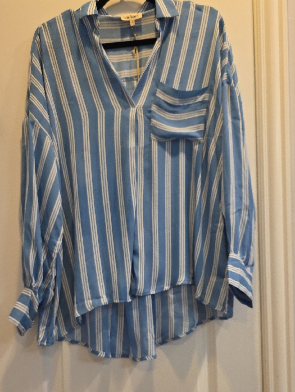 NWT Large In Loom Blue and White Striped V-Neck Pullover Shirt